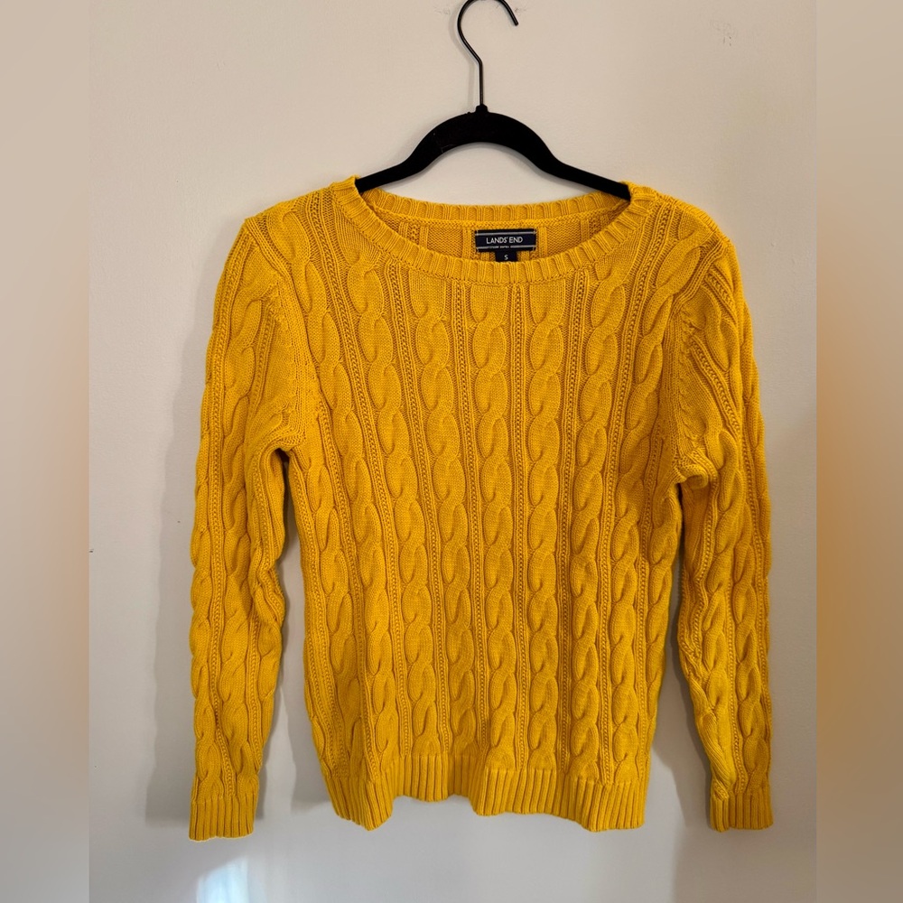 Lands' End Women's Cotton Cable Knit Fisherman’s Sweater in Goldenrod, Small